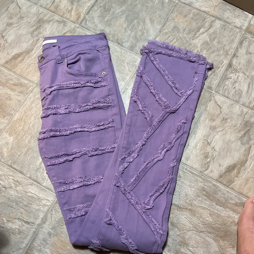Men’s Kloud 9 purple frayed skinny flare stacked jeans 32